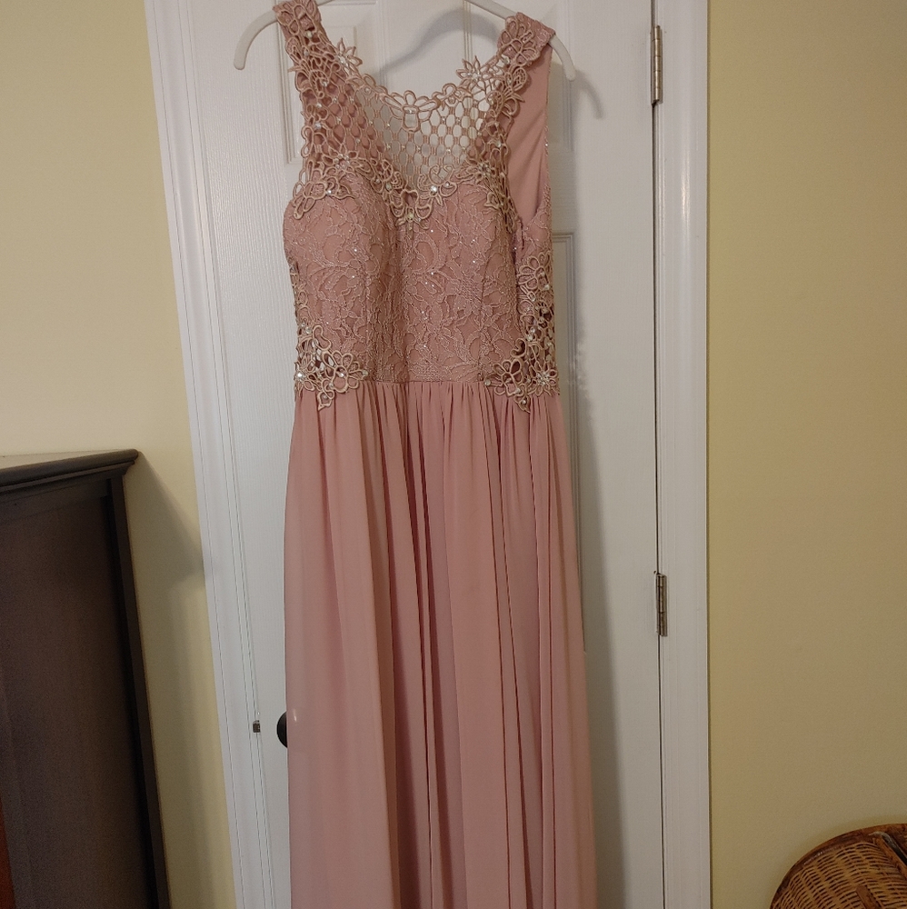 Lace and Chiffon Gown with Geometric Neckline